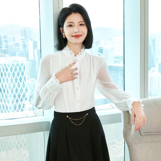 xcfreht秋季新款时尚立领黑色衬衫女正装宽松法式木耳边职业装女士衬衣 1098黑色半裙 S