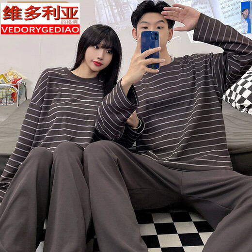 Victoria's style couple pajamas for spring and autumn new long-sleeved cotton men and women casual striped home clothes two-piece set #XF-15568 M women [75-100]Jin[Jin equals 0.5 kg]