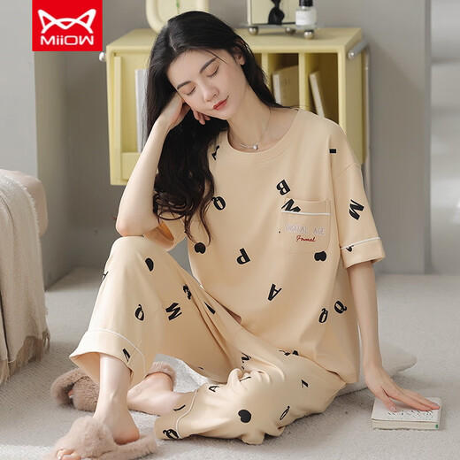 
Cat Man (MiiOW) pure cotton pajamas for women in summer short-sleeved cropped pants sports style loose and casual can be worn outside spring home clothing suit T-9854 (short suit) M (80-100Jin [Jin equals 0.5 kg])