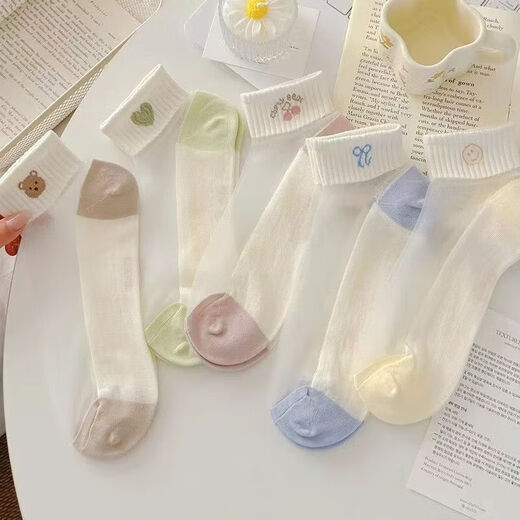 
Summer light and breathable crystal stockings for women's short socks, transparent glass silk, cute cartoon Korean style sports academy [five colors, five pairs] 5 pairs