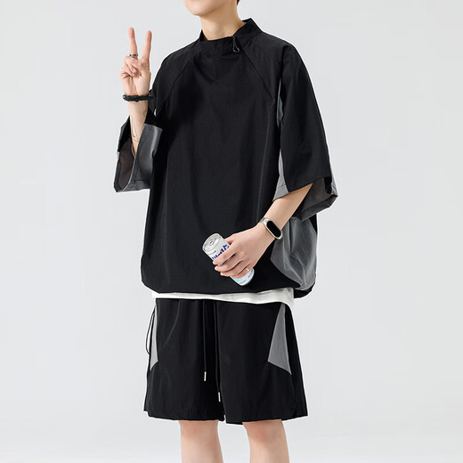 Lnoc li ningning mismo seda de hielo traje de secado rápido de secado rápido marca de verano para hombres de montaña suelta al aire libre transpirable pantalones de cinco puntos de manga corta li ning chlz-tz6167 traje negro m