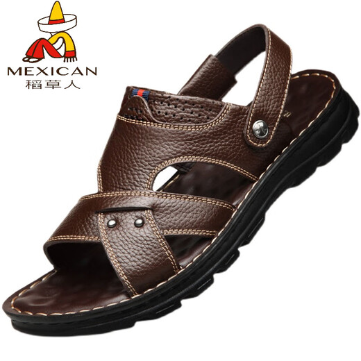 稻草人（MEXICAN）【真牛皮】头层牛皮凉鞋男真皮夏季男士凉拖男休闲两穿驾车沙滩鞋 9928 棕色【头层牛皮】 38