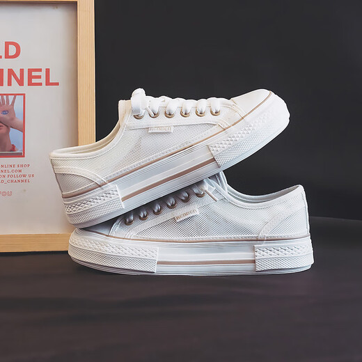 Human-born women's shoes 2024 new mesh breathable board shoes for women summer thick-soled canvas shoes for women small white shoes mesh shoes white 38 standard code