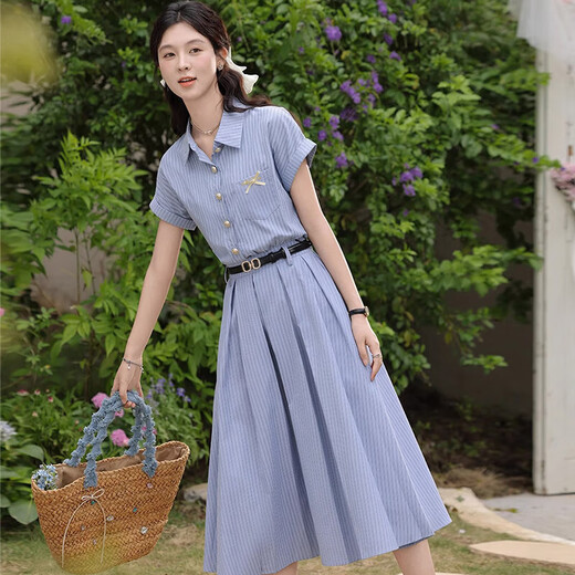 
[Give a belt] Literary and elegant blue dress for women 2025 new summer slim dress D1390 Blue S [100Jin [Jin equals 0.5 kg] below]