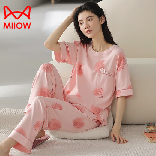 Catman (MiiOW) pajamas for women in summer pure cotton short-sleeved trousers thin cotton summer ladies home clothing suit spring and autumn YZT9711 short.sleeved long.trousers M 80-100Jin [Jin equals 0.5 kg]