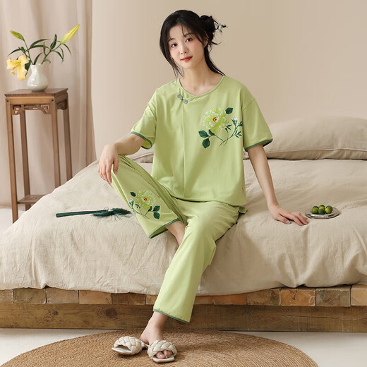 2025年新款棉睡衣女夏短袖套国风可爱夏七分裤卡通休闲家居服 9904 XL 【120-140斤】