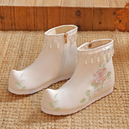 Geufan 9859 Menschen sammeln Hanfu Frauenseife Stiefel Alte Kostümstiefel für Frauen in der inneren Höhe der Frauen in der inneren Höhe Cos ERECT SHOUS ANCEILE STYLE High-Tube-Stiefel bestickte Stiefel bestickte weiße Stiefel 38