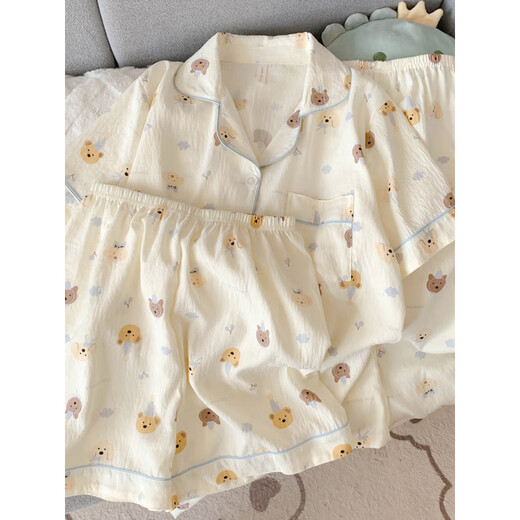 北极绒纯棉纱布睡衣女短袖长裤春夏款三件套可爱小狗少女开衫家居服夏季 云朵棉-J9901#乐园小狗三件套 M 【建议75-100斤】