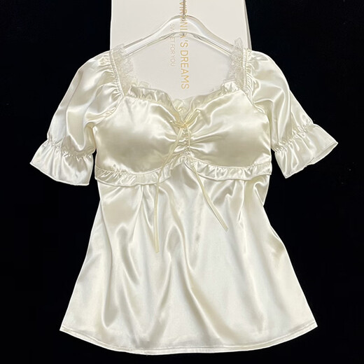 雅鹿睡衣女夏季2025年新款高级感法式冰丝短袖带胸垫可外穿家居服套装 FS_9214#开衫双短蕾丝口袋 L