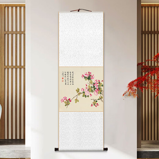 承琉董诰春景花卉册卷轴挂画新中式牡丹茶花装饰画客厅书房茶室玄关画 11980款：蝴蝶兰 整体尺寸：53*138cm蓝闪金锦绫+新款