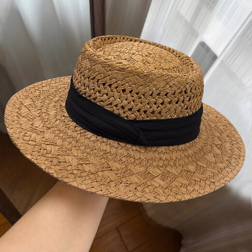 
Jin[Jin equals 0.5 kg] Muda Head Wing Straw Hat Women 2025 New French Flat Top Sun Protection Hat Seaside Holiday Knit Hollow Top Hat Large Size Hollow Concave Top Straw Hat [G39 Khaki Black Belt]