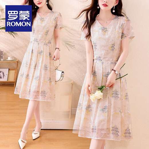 Romon (Romon) El vestido estampado de estilo chino reduce la edad y la carne de las pieles y está de moda 2025 Summer New Fashion Fashion Slim y Elegant Skirt 9797 Light Apricot Color Sigue la tienda [Envío prioritario M Recomendado 95-105Jin [Jin equivale a 0.5 kg]