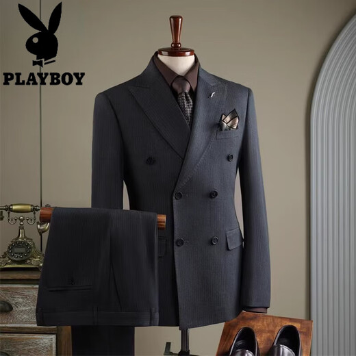 Playboy winter suit men's high-end business formal double-breasted striped suit three-piece groom's wedding dress one button-warm brown three-piece suit 7XL 64