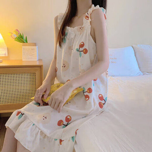 略辰夏季吊带睡衣女连衣裙可爱睡裙少女学生夏天棉纱布薄款家居服MJF_ MJF_9272#背心裙 樱桃小熊 M 建议80-95斤