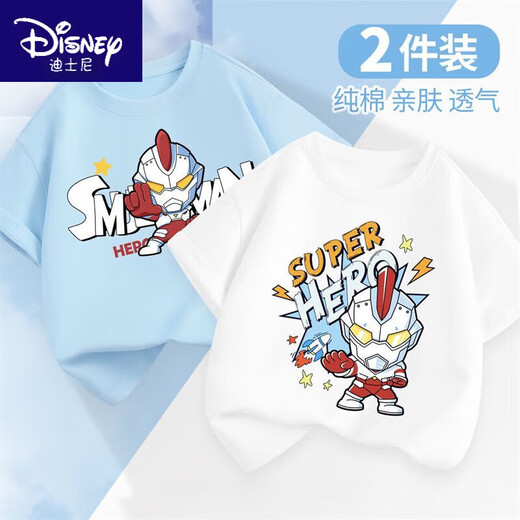 Футболка Disney Ultraman с коротким рукавом лето 2025 г. Новый мальчик лето чистый хлопок модный B728 светло-голубой + B751 Белый 140 (предлагаемая высота 125-135 см)