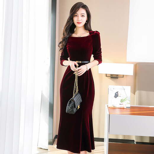 HomeSee Light Luxury International Brand High-Dee Robe Bourgogne Velvet Female Tempérament Xi Robe de mariée de mère-nom de mère Xi Robe de mère-nom bordeaux (Band Belt Hz) L Convient pour 106-115 Jin [Jin est égal à 0,5 kg]