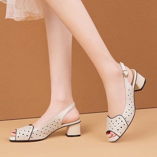 BELLE-TREAD-Marke Cut-Off Mode Wenzhou Weiches Leder hohl hohl mit mittlerem Heel Style Höhle weiches Leder vielseitig dicke Fischfischmund Sandalen für Frauen Sommer Huidong Sandalen für Frauen auf weißen 20 Sandalen für Frauen 2025 New Style 36
