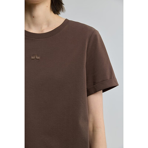 
LILY2025 summer new women's clothing retro simple basic embroidery casual versatile front shoulder round neck short-sleeved T-shirt 701 brown L