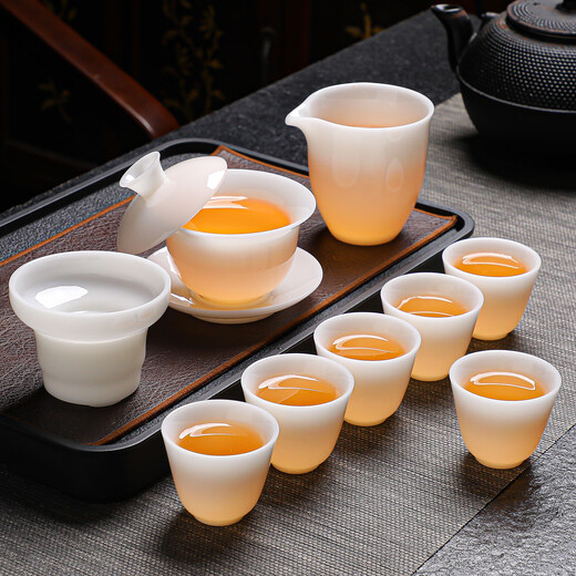 Fujian Yu Pure Jade White Porcelain Kung Fu Tea Set 2025 New Home High-end Office Cover Bowl and Tea Cup Pure Jade Porcelain (Lanxin Cup) 10 pieces Safety Pack 10 pieces