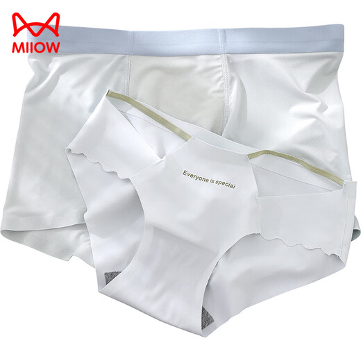 MiiOW Couple Underwear One Men and Women Ice Silk Seamless Thin Style Hollow Simple Japanese Girl Triangle Boxer Suit Thong White Couple Suit M Men's L Size + Women's Size