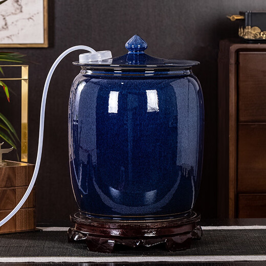 Thick Ancient and Thin Today Water Cylinder Ceramic Pure Water Bucket with Float Valve Automatic Pumping Empty Bucket Kung Fu Tea Table Water Tank to Store Drinking Water 20Jin Jin is equal to 0.5kg Blue Water Pumping + With Float + Base