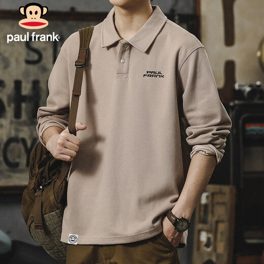 Paul Frank long-sleeved T-shirt men's solid color polo shirt men's spring and autumn American bottoming shirt men's tops dark gray XL