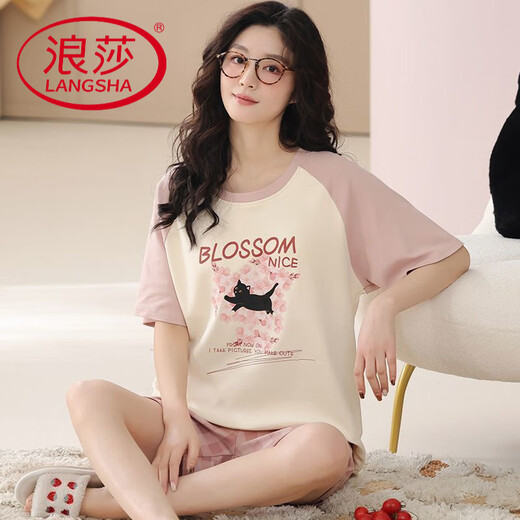 Langsha (Langsha) Pure Cotton Pyjamas Kurzärärmelte Frauen 2025 NEUE SOMMER Pink Plaid Shorts Sakura Black Cat Home Clothing Set OY723 2XL (geeignet für Gewicht 130-150 Jin [Jin gleich 0,5 kg])