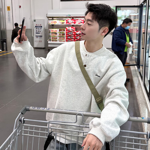 Muwei Retro Solid Color Henley Collar Sweatshirt Long Sleeve Men's Spring and Autumn 2025 New Casual Loose Versatile Top Jacket White Gray XL Recommended 130-150 Jin Jin equals 0.5 kg