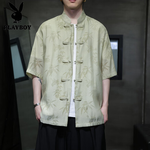 Playboy (Playboy) Summer delgado Camisa de manga corta Nuevo estilo chino Estilo antiguo Botón Tang Suit Men's Chinese Bamboo Leaf Top Zhongshan Suit CS9898 White M