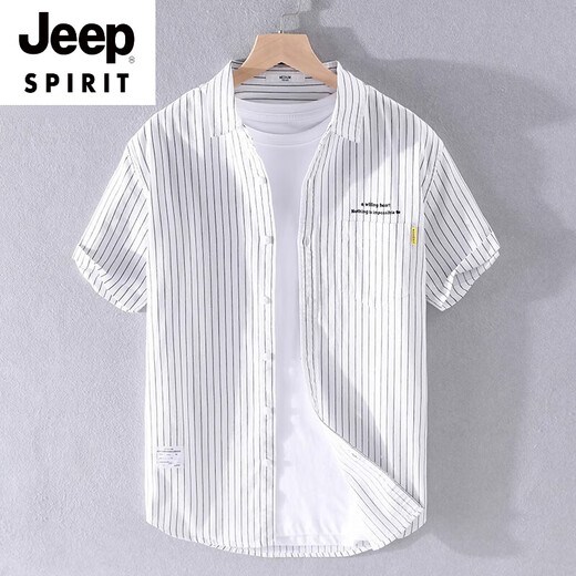 
JEEP SPIRIT Men's Striped Short Sleeve Shirt Summer Thin Loose Top Japanese Trendy Cotton Casual Half Sleeve Shirt 9721 White M Jin [Jin equals 0.5 kg] About