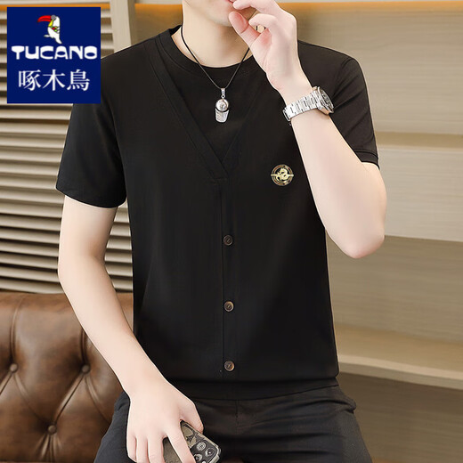 Spechts Sommereis Seidengestrickte gefälschte zweiteilige kurzärmelige T-Shirt-T-Shirt-Korean-Stil-Slim- und kühles und dünnes, halbärmeliges T-Shirt Top 6626 Khaki M 90-110Jin [Jin ist 0,5 kg]