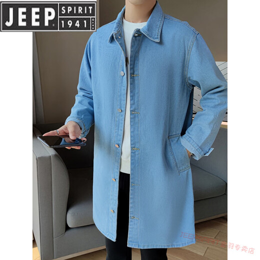 JEEP SPIRIT潮牌秋季男士中长款牛仔风衣男潮流韩版休闲宽松帅气大衣翻领外套 黑色 M 165(斤左右)