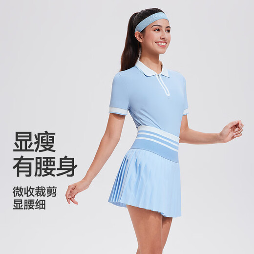 科里芙（cosleaf）运动套装女夏季翻领T恤显瘦透气健身服跑步套装气质网球服两件套 清风蓝拼白两件套 L (建议105-115斤)