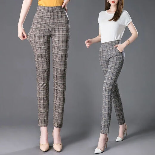Langwei Ferri Plaidhose für Frauen Frühling und Herbst Neue Frauen mittleren Alters mittleren Alters und elastischer schlanker Graugitter [Elastische Taille] 983# Fleece L [105jin [Jin entspricht 0,5 kg] ~ 115jin [Jin entspricht 0,5 kg]]