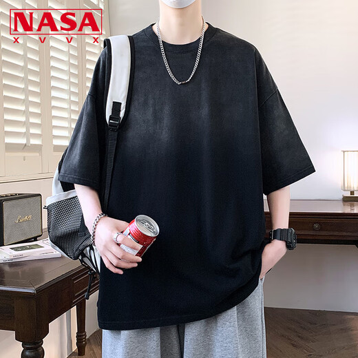NASA XVVX渐变短袖T恤男夏季潮流港风宽松百搭复古五分袖衣服圆领休闲体恤 2601蓝色 L (约100~115斤可穿)