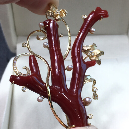 Zhaohao Coral Branch Pendant Brooch Two-purpose Style 18k Gold Set with Diamonds