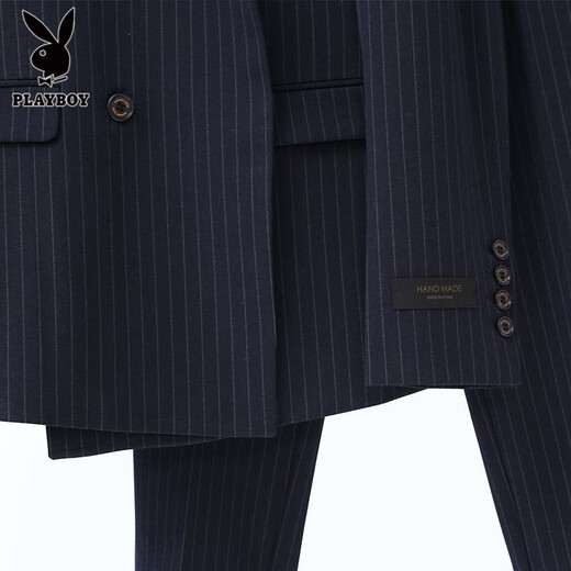 Playboy (PLAYBOY) striped suit suit men's business formal two-piece suit British trend Korean version slim small suit professional dress navy blue double-breasted suit + trousers S /46