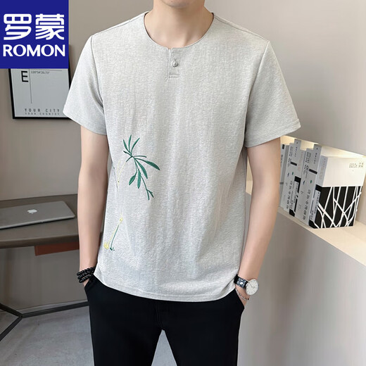 Romon New Chinese Style V-neck Short-sleeved T-shirt for men's summer linen 2025 new breathable bamboo half-sleeved men's T-shirt 9856 khaki XL (about 120~140 Jin [Jin equals 0.5 kg] can be worn)