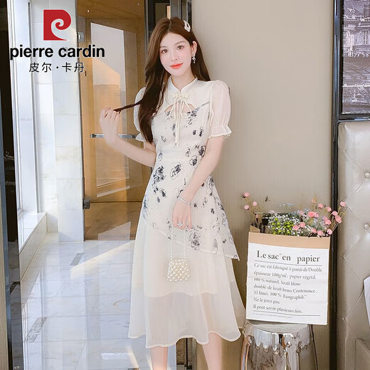 皮尔卡丹（PIERRE CARDIN）复古国风新中式改良旗袍连衣裙2025夏季新款时尚印花假两件套裙子 6169-杏色 S
