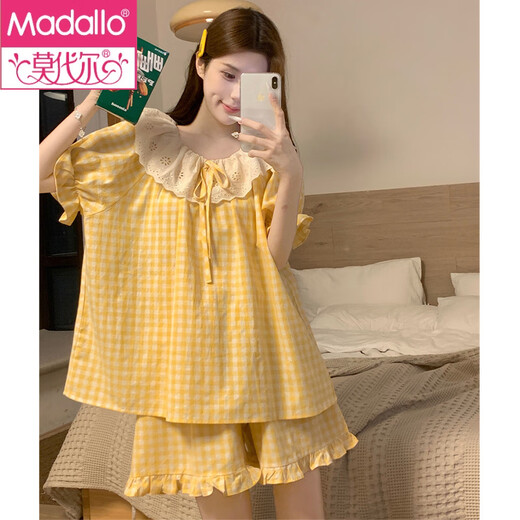 莫代尔韩版ins风小格子棉麻睡衣女夏季款甜美公主风短袖短裤家居服套装 粉色【6627】 M