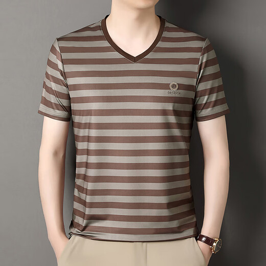 Sept Wolves Youth New Men's Variety T-shirt 2025 Été Micro-étirement Business Business Stripe Sleeve V-Neck Trend Blue Bo-801-6197 Abricot M 105