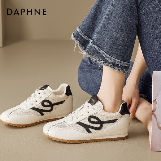 达芙妮（DAPHNE）复古德训鞋女2025新款夏季薄款网面透气小白鞋内增高百搭休闲板鞋 米黑色-透气网面 37