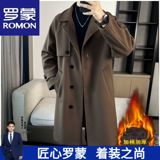 ROMON high-end woolen coat men's coat autumn and winter woolen jacket casual high-end British style mid-length windbreaker cotton brown thickened 3XL