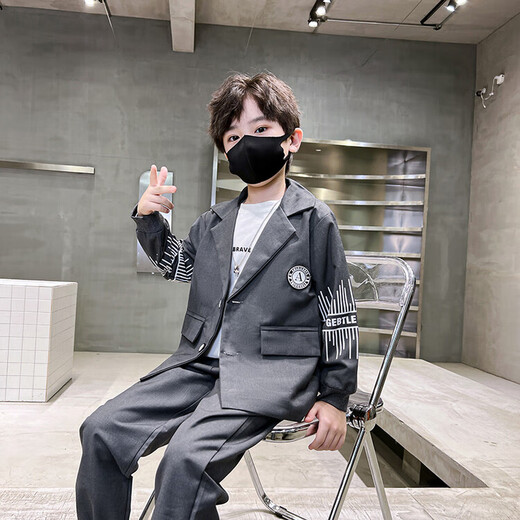 G.DUCKKIDS童装男童西装套装韩版男孩春秋帅气休闲外套儿童西服礼服两件套潮 黑色 130 (建议身高120cm 8-9岁左右)