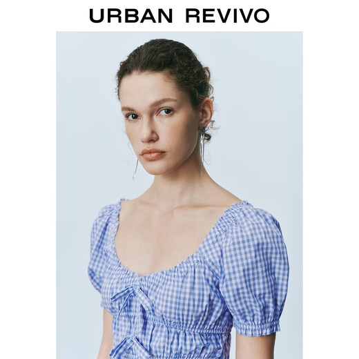 UR2025 summer new women's contrasting color checked multi-lace puff sleeve shirt shirt UYU250067