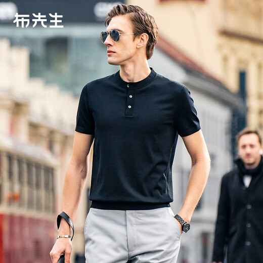 Mr. Bu star's same style machine washable wool T-wool short-sleeved sweater men's knitted bottoming shirt Henry collar piano black S (165)