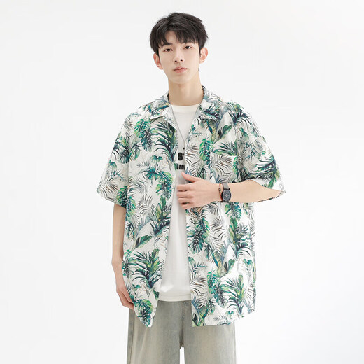 Kurashi Ichiki 2025 summer loose and comfortable ice silk cool short-sleeved shirt men's Hawaiian beach flower shirt jacket 6629 Madagascar black L