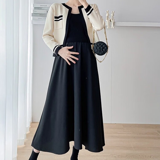 Vestido de maternidad para primavera y otoño, vestido de maternidad que reduce la edad de moda, otoño, la falda del chaleco de longitud, el conjunto de color de albaricoque de dos piezas