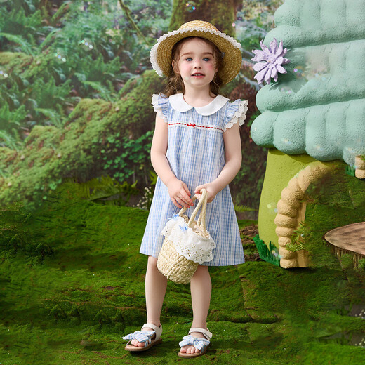 ASK JUNIOR [Little Fresh] Children's Skirt Summer Flying Sleeve Dress Girls Check Princess Skirt Small Children's Doll Neck Dress