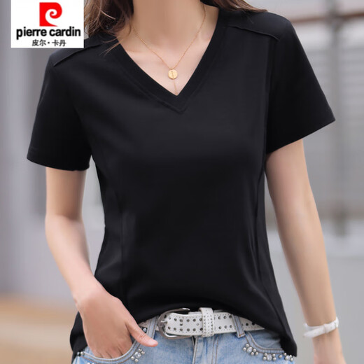 Pierre Cardin 2025 Neue Mode Casual V-Ausschnitt Pure. Baumwollschulter kurzärmeliges T-Shirt für Frauen im Sommer Korean New Lose Black Short Burgund (9855 Baumwolle) S 85-95jin [Jin entspricht 0,5 kg]